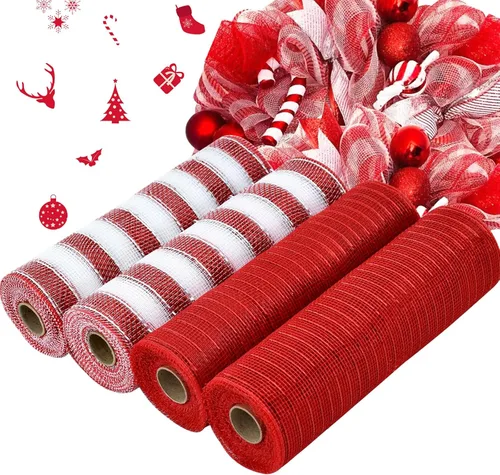 Miniatura 20 de TONIFUL 2 rollos de cinta de malla decorativa blanca de 10 pulgadas, malla de tela con papel de aluminio para suministros de corona de malla, corona