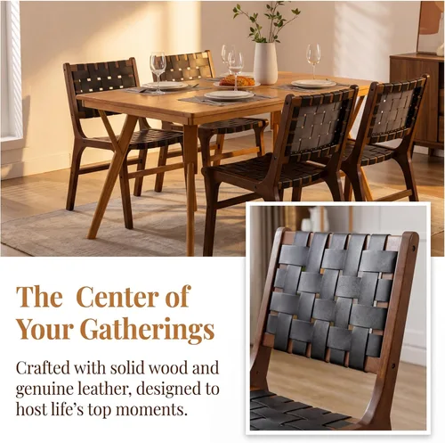 Miniatura 4 de Woven Leather Dining Chairs Set of 4, Mid Century Modern Solid Wood Dining Room Chairs with Handwoven Leather Strap Seat, Armless Kitchen Side