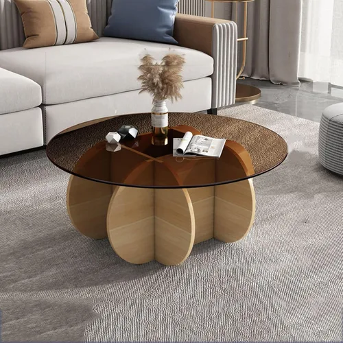Miniatura 15 de HM&DX Mesa auxiliar redonda de cristal, base de madera maciza y parte superior de vidrio templado transparente, mesa auxiliar de café, mesa central