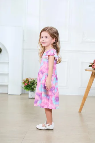 Miniatura 5 de Vestido de unicornio casual con mangas con vuelo para niñas pequeñas, vestido de verano para fiesta de cumpleaños, vestidos de verano de 1 a 8 años