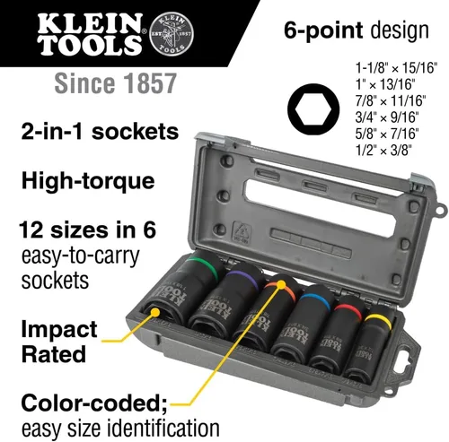 Miniatura 2 de Klein Tools 66060 Juego de llaves de impacto 2 en 1, juego de herramientas de 6 piezas con enchufes profundos de 6 puntos con unidad de 1/2 pulgada