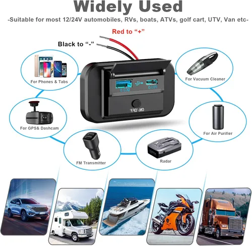 Miniatura 3 de Vadaxx 2 salidas USB RV de 12 V con interruptor de alimentación, 54 W Dual PD3.0 Tipo-C y carga rápida QC3.0 USB-A Panel de montaje en pared