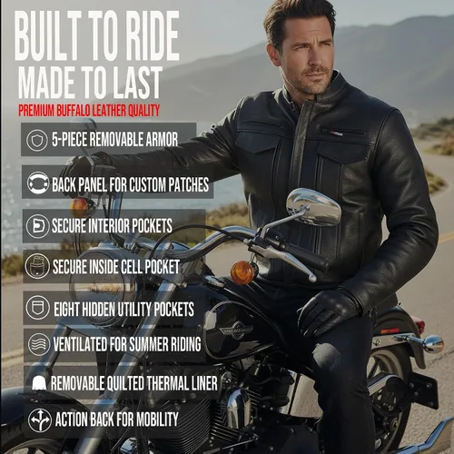 Miniatura 5 de COMMUTER - Chaqueta de motocicleta para hombre, piel de búfalo premium, armadura CE, bolsillos utilitarios, Street Cruiser Motorbike Biker Negro
