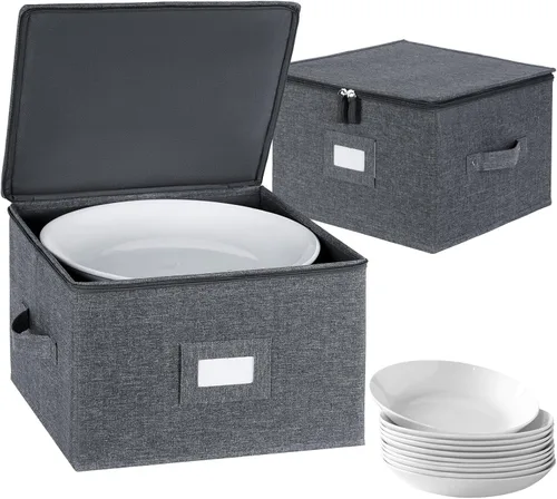 Miniatura 7 de popoly Paquete de 2 cajas de almacenamiento para platillos de 7", contenedor de almacenamiento de vajilla con 24 divisores de fieltro para cuencos