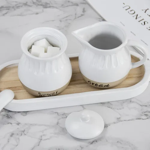 Miniatura 4 de Juego de azúcar y crema, jarra de crema de cerámica, azucarero con tapa y cuchara, moderno juego de recipientes para servir café de granja, blanco
