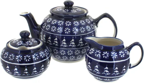 Miniatura 6 de Juego de té pequeño de tres piezas de pavo real de cerámica polaca de rosa azul