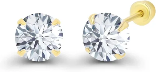 Aretes solitarios tipo dormilona de oro dorado sólido de 14 quilates y circonita cúbica, hipoalergénicos y redondos con forma de corazón para niñas,