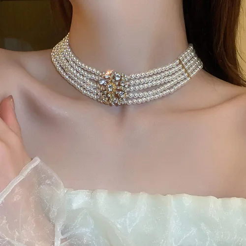 fxmimior Gargantilla de perlas brillantes de los años 20 con borlas en capas, estilo vintage de los años 20 para mujer, cuentas doradas, collares