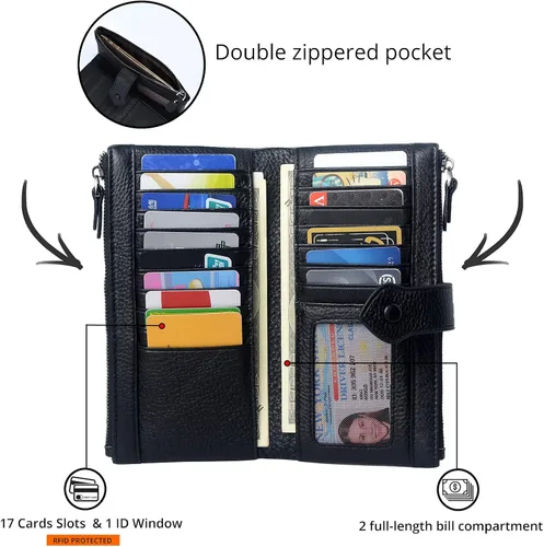 Miniatura 4 de Bveyzi - Cartera de cuero suave para mujer con bloqueo RFID, billetera plegable con doble cierre, porta-tarjetas para damas Soft, RFID Blocking