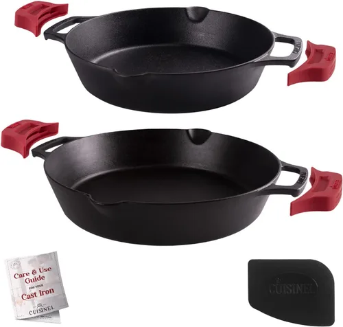 Miniatura 13 de Cuisinel - Sartén de hierro fundido con tapa de hierro fundido - Sartén de doble mango de 8 pulgadas + raspador de sartén + cubierta de mango