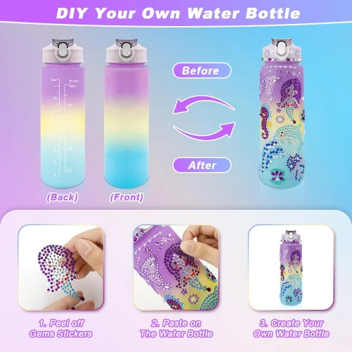 Miniatura 6 de iRFKCIOW Decora tus propios kits de botellas de agua para niñas de 4 a 12 años, botella de agua de bricolaje con calcomanías de gemas, pintura