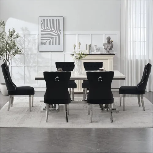 Miniatura 32 de adochr Juego de 2 sillas de comedor de terciopelo, sillas de cocina tapizadas con patas de metal, respaldo abotonado moderno con anillo de tracción