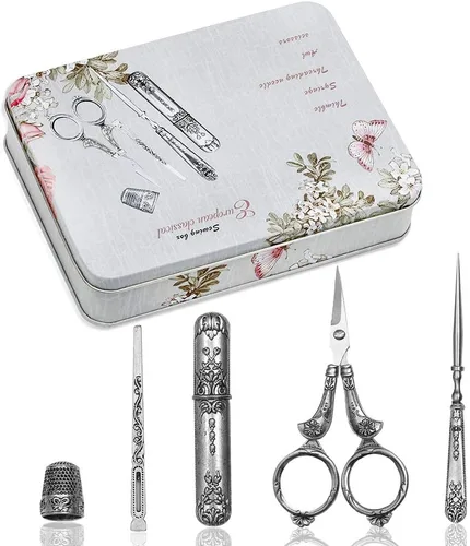 Miniatura 8 de BUTUZE Kit de tijeras de bordado, kit de costura vintage europeo antiguo, herramientas de costura vintage completas con tijeras de bordar, estuche