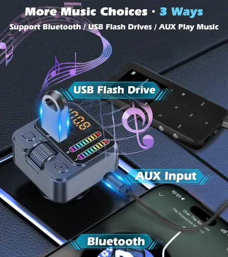 Miniatura 4 de Adaptador Bluetooth 5.3 para automóvil con transmisor FM y carga rápida PD de 42 W, receptor de música inalámbrico AUX/USB, llamadas manos libres