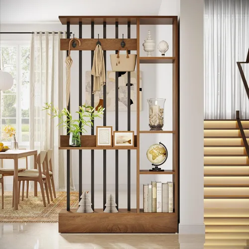 Miniatura 8 de Tribesigns Divisor de pared de habitación, estantería independiente de madera con estantes y ganchos para abrigos, partición de pared moderna de 71