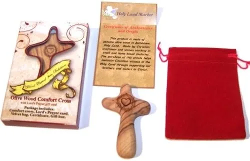 Miniatura 4 de Holy Land Market Cruz reconfortante de madera de olivo grabada con corona de espinas y corazón, caja de regalo, bolsa de terciopelo y tarjeta