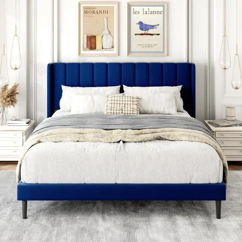 Miniatura 13 de Gruwans Estructuras de Cama Individual con Cabecera Wingback, Camas de Plataforma Tapizadas, No Necesita Somier, Soporte Resistente de Listones