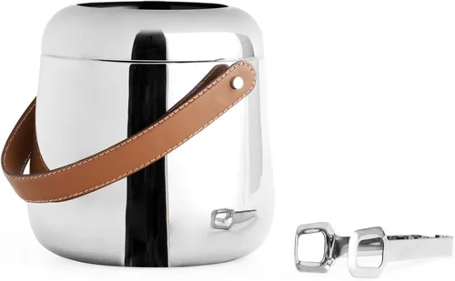 Nambe Tahoe Cubo de hielo con pinzas, accesorio de barra de acero inoxidable y cuero genuino de 6.5 pulgadas para enfriar bebidas, servicio de