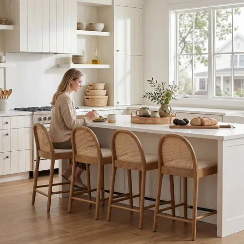 Miniatura 7 de DUOMAY Juego de 2 taburetes de mostrador modernos de ratán beige, 26 pulgadas de altura - Taburetes de bar de madera tapizados en lino con respaldo