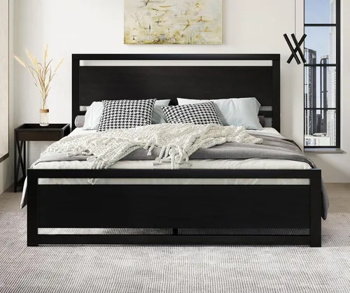 Miniatura 11 de SHA CERLIN Base de cama tamaño Queen con cabecera moderna, base de metal de plataforma resistente con estribo cuadrado y soporte de 13 listones Negro