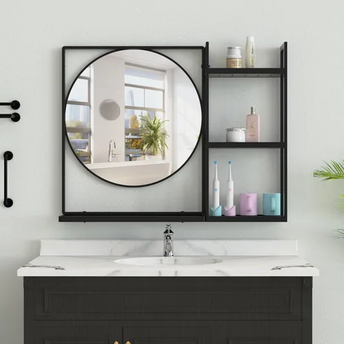 Miniatura 17 de Espejo de baño con estante, espejo de pared rectangular negro, marco de metal, colgante horizontal o vertical (24 x 20 pulgadas)