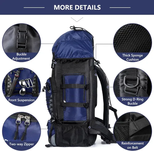 Miniatura 4 de Mochila de senderismo de 90L, bolsa de camping impermeable con cubierta de lluvia, mochila ligera para mochileros, sin marco Azul