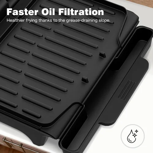 Miniatura 6 de KEINVE Parrilla eléctrica de 2 porciones y prensa Panini, revestimiento antiadherente resistente, bandeja de goteo atrapa grasa, color negro