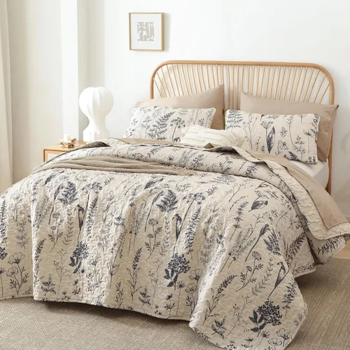 Miniatura 26 de JANZAA Juego de colcha tamaño Queen de 3 piezas con patrón floral, de microfibra ligera, ropa de cama reversible, 1 colcha y 2 fundas de almohada