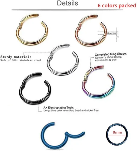 Miniatura 2 de TOPBRIGHT 6 unids un conjunto de anillos de septum sin costuras Clicker 16G acero inoxidable con bisagras segmento anillos para Daith y labio