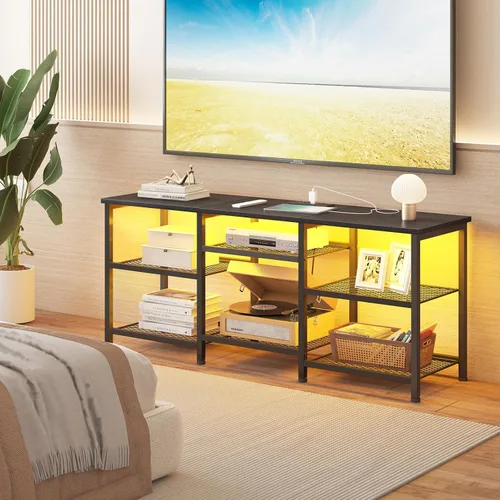 Miniatura 7 de YGEOMER Soporte de TV para televisores de 55 pulgadas, centro de entretenimiento con paneles de estante móviles, toma de corriente y luces LED