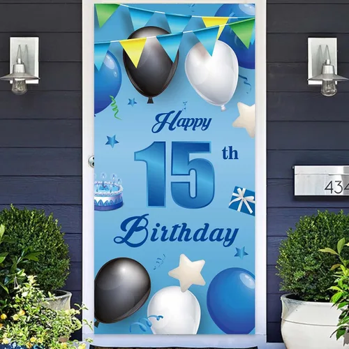 Miniatura 10 de Cartel azul de feliz cumpleaños número 11, globos de fondo de estrellas, confeti y saludos a los 11 años, decoración temática de puerta, porche