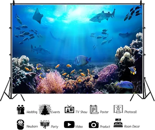 Miniatura 3 de AOFOTO Telón de fondo submarino de 5 x 3 pies para fotografía, acuario, fondos marinos, rocas, luces, coral y peces, escena tropical del océano bajo