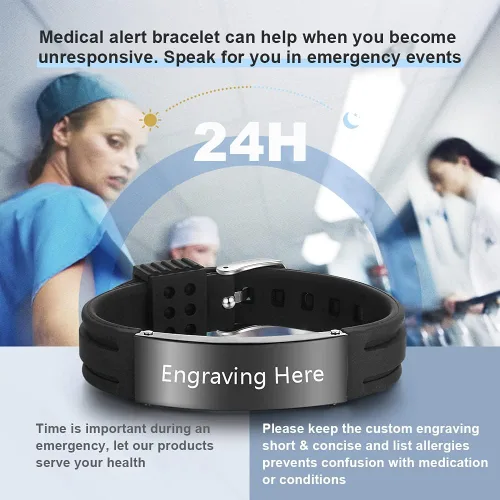 Miniatura 21 de OPALSTOCK Pulseras médicas personalizadas de silicona ajustable para identificación de emergencias, grabado gratuito, 9 pulgadas, resistente al