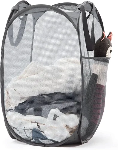 Miniatura 30 de TECHMILLY Cesta plegable de malla para la ropa sucia con asas resistentes y bolsillo lateral, cestas plegables portátiles para ropa para dormitorio