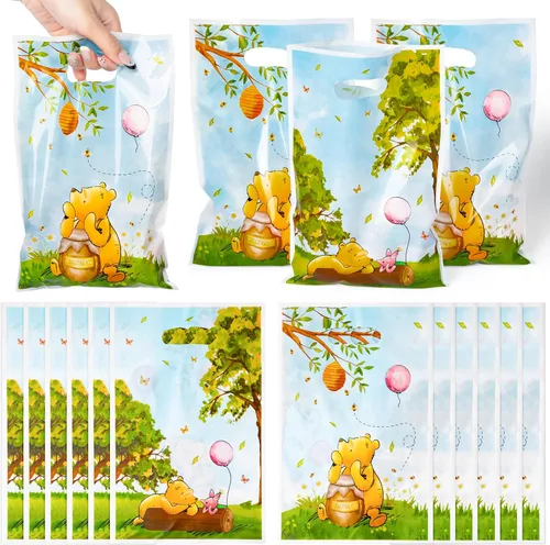 Miniatura 7 de 50 bolsas de regalo de plástico con diseño de dibujos animados kawaii de 6.5 x 10 pulgadas, con diseño de corazón de lazo y asas, para fiestas