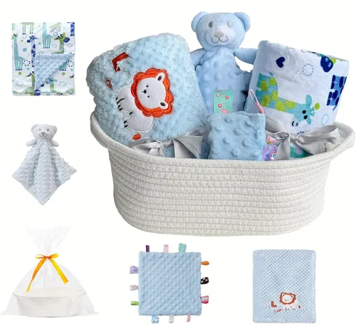 CREVENT Set de regalo de bienvenida para bebé con cesta de almacenamiento con 2 mantas + 1 manta de seguridad + 1 etiqueta + 1 bolsa de regalo con