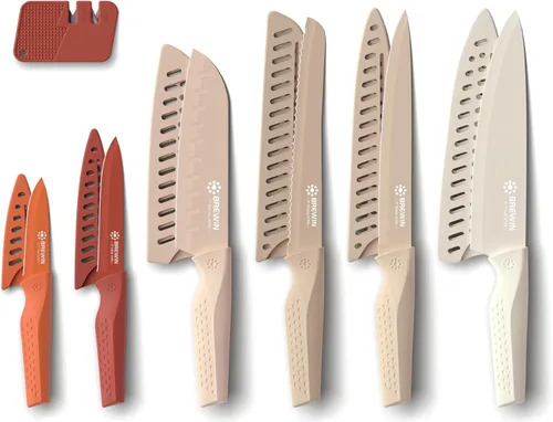 Brewin Juego de cuchillos de cocina de 13 piezas con afilador, revestimiento antioxidante y protector de cuchilla, artículos esenciales para el
