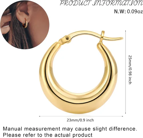 Miniatura 2 de Chunky Gold Hoop Earrings for Women 14k Gold Plated Stainless Steel Thick Hoop Earrings Dainty Cute Hypoallergenic Earrings Minimalist Jewelry Gift