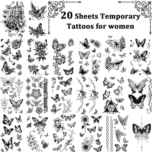 Miniatura 3 de Cerlaza 20 hojas de tatuajes temporales de mariposa negra para mujeres adultas, 120 estilos de mariposas pequeñas, tatuajes falsos impermeables