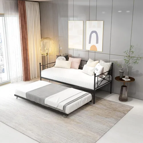Miniatura 5 de Sofá cama con base de sofá cama nido con cabecero, soporte de listones de acero premium, base de colchón multifuncional, individual, negro