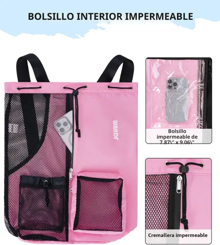 Miniatura 3 de WANDF Mochila de Malla con Cordón para Natación, con Bolsillo para Artículos Húmedos, para Natación, Gimnasio y Equipo de Entrenamiento Rosa