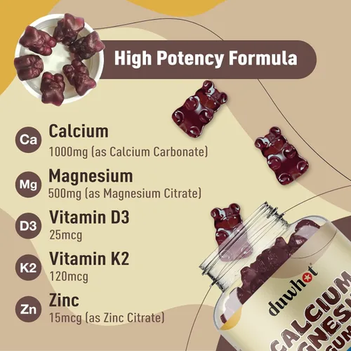Miniatura 3 de Gomitas de calcio y magnesio y zinc para mujeres, suplemento de calcio masticable de 1000 mg de vitamina D3 y K2, salud ósea y nerviosa, función
