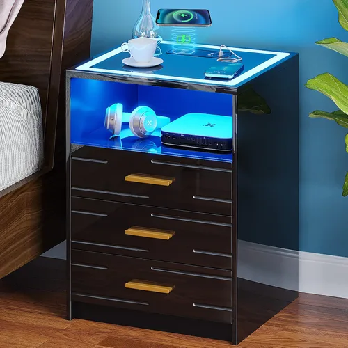 Mesita de noche LED con estación de carga inalámbrica, mesita de noche con sensor automático con LED de 3 colores a través de pantalla táctil, mesa