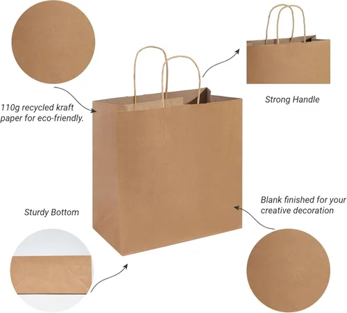Miniatura 5 de PAICUIKE 50 piezas de bolsas de papel marrón con asas, grandes de 28 x 15 x 28 cm, bolsas de papel Kraft para compras y mercancía minorista, bolsas