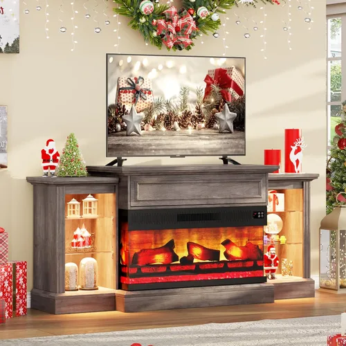 Miniatura 11 de AMERLIFE - Chimenea eléctrica de 60 pulgadas con repisa, soporte de TV de chimenea de tres lados estilo granja para televisores de hasta 65