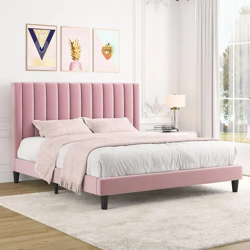 Miniatura 14 de Allewie - Base de cama tamaño King con cabecera acolchada tapizada en terciopelo y diseño acanalado vertical; plataforma de cama con resistentes