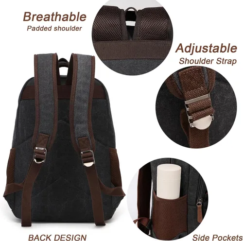 Miniatura 5 de Mochila de lona para laptop con puerto de carga USB, mochila vintage para hombres y mujeres, mochila negra de viaje para trabajo, mochila Negro