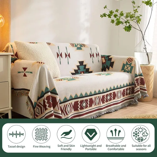 Miniatura 6 de ROOMLIFE Manta Funda Azteca Bohemia para Sofá, Decoración del Hogar Estilo Granja, Fundas de Sofá para Loveseat, Sofás de 2/3 Cojines, Apta