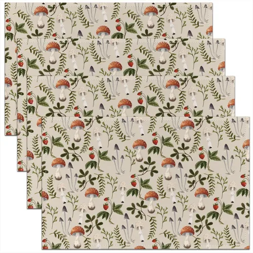 Juego de 4 manteles individuales con diseño de hongos salvajes, acuarela, plantas naturales, decoración de plantas, para niños, adolescentes,