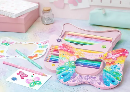 Miniatura 8 de Faber-Castell Set de regalo – Lápices de colores brillantes en lata con forma de mariposa – 20 lápices con calcomanías